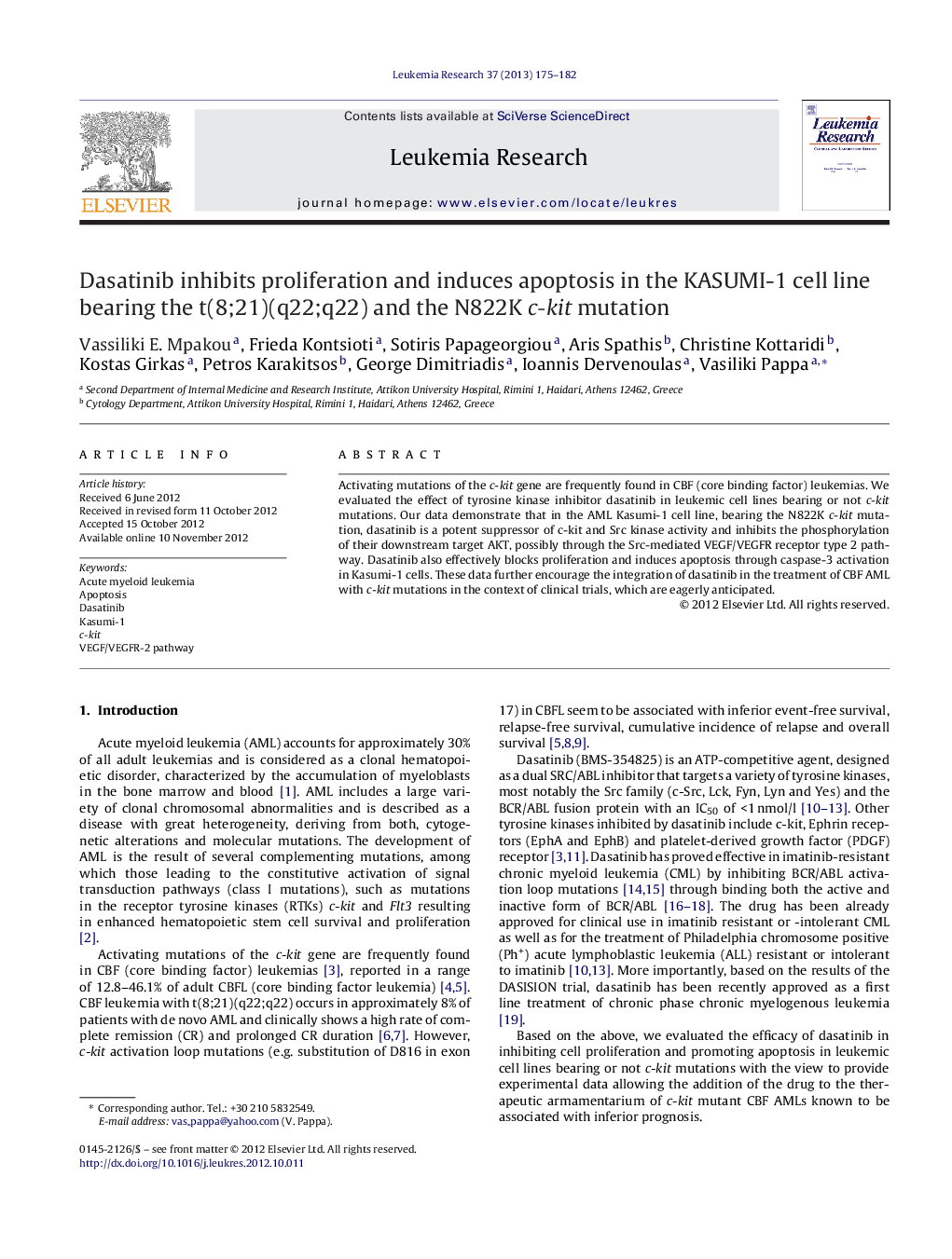 Dasatinib inhibits proliferation and induces apoptosis in the KASUMI-1 cell line bearing the t(8;21)(q22;q22) and the N822K c-kit mutation