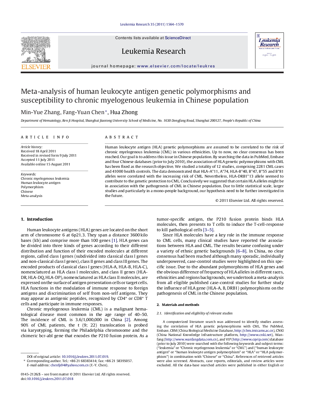 Meta-analysis of human leukocyte antigen genetic polymorphisms and susceptibility to chronic myelogenous leukemia in Chinese population