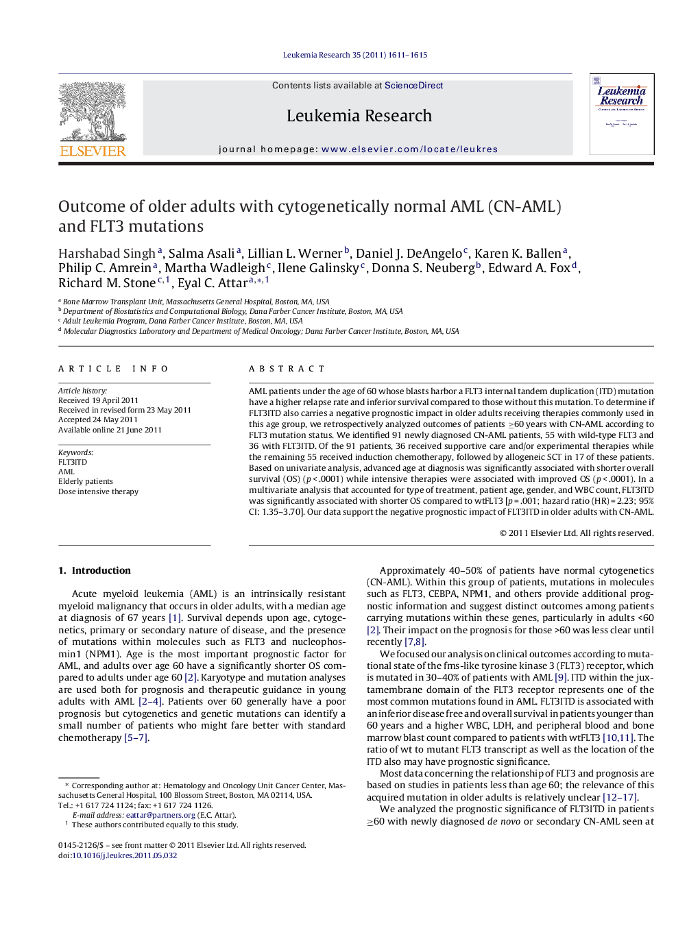 Outcome of older adults with cytogenetically normal AML (CN-AML) and FLT3 mutations