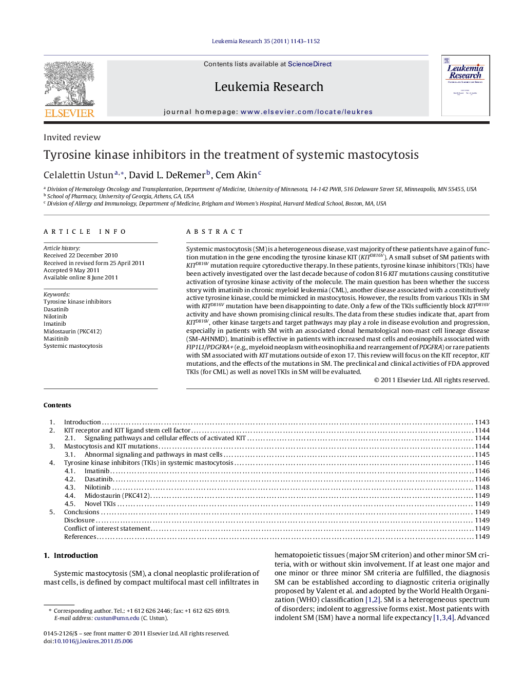 Tyrosine kinase inhibitors in the treatment of systemic mastocytosis