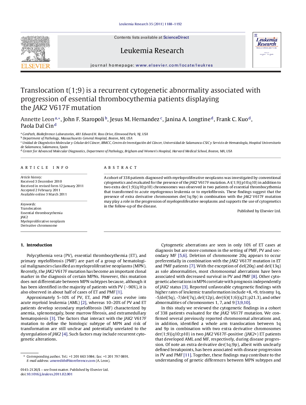 Translocation t(1;9) is a recurrent cytogenetic abnormality associated with progression of essential thrombocythemia patients displaying the JAK2 V617F mutation