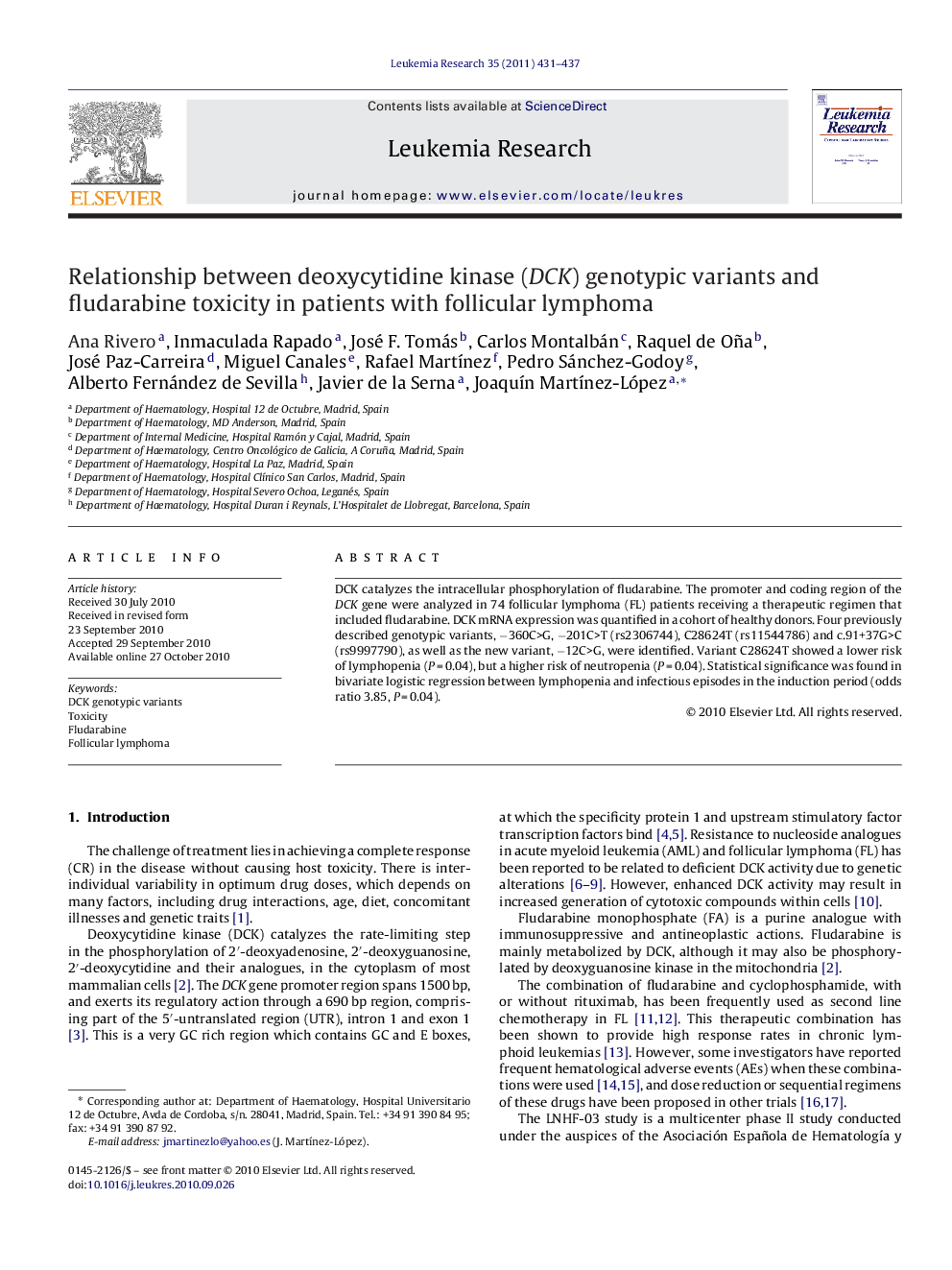 Relationship between deoxycytidine kinase (DCK) genotypic variants and fludarabine toxicity in patients with follicular lymphoma