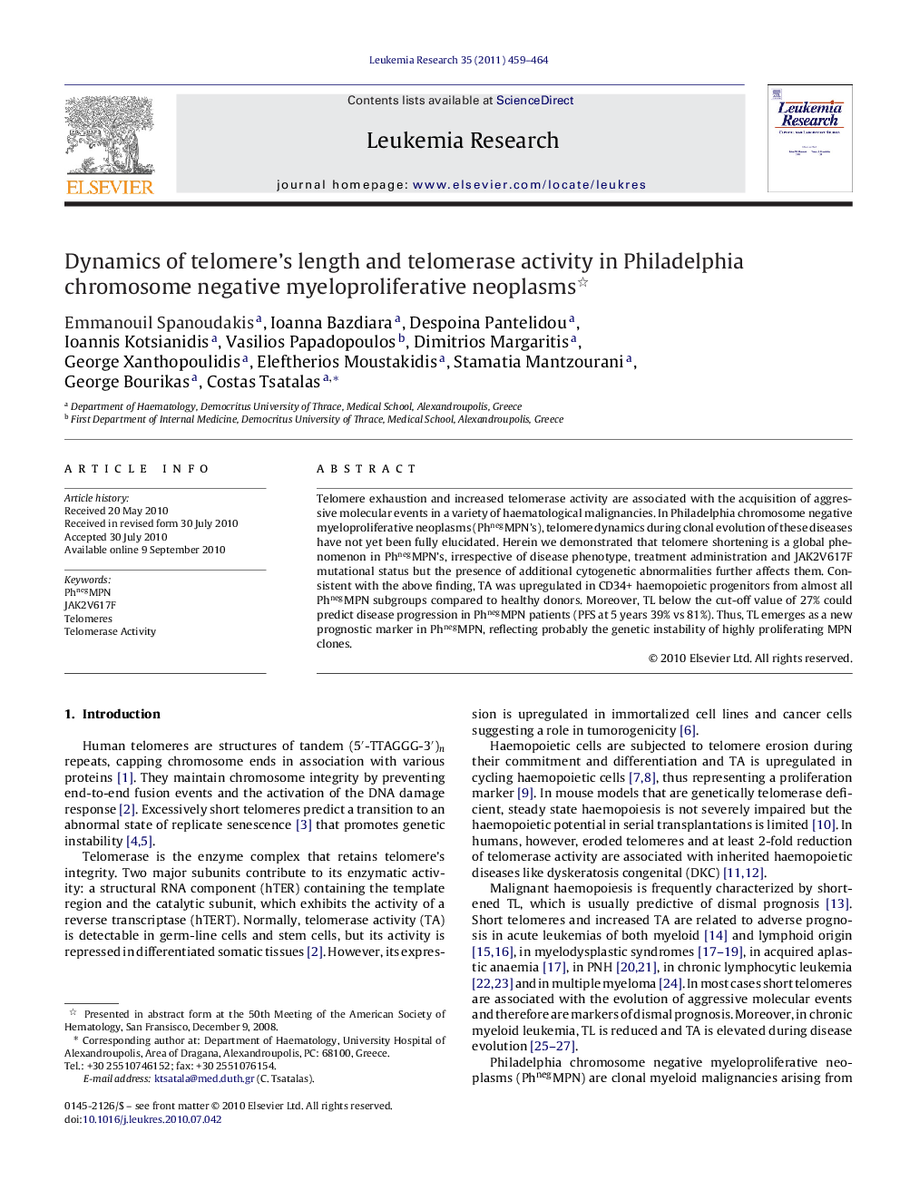 Dynamics of telomere's length and telomerase activity in Philadelphia chromosome negative myeloproliferative neoplasms 