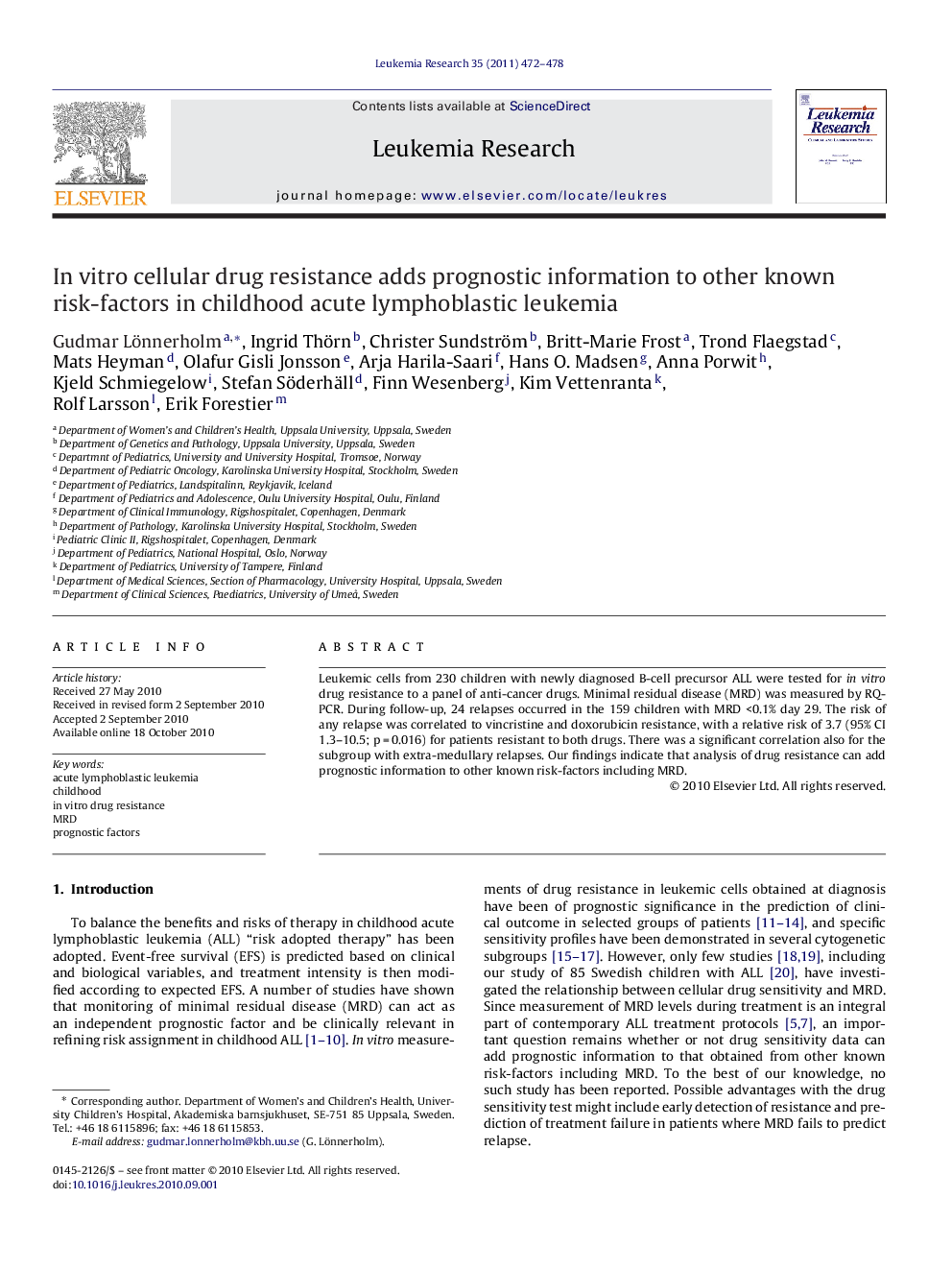 In vitro cellular drug resistance adds prognostic information to other known risk-factors in childhood acute lymphoblastic leukemia