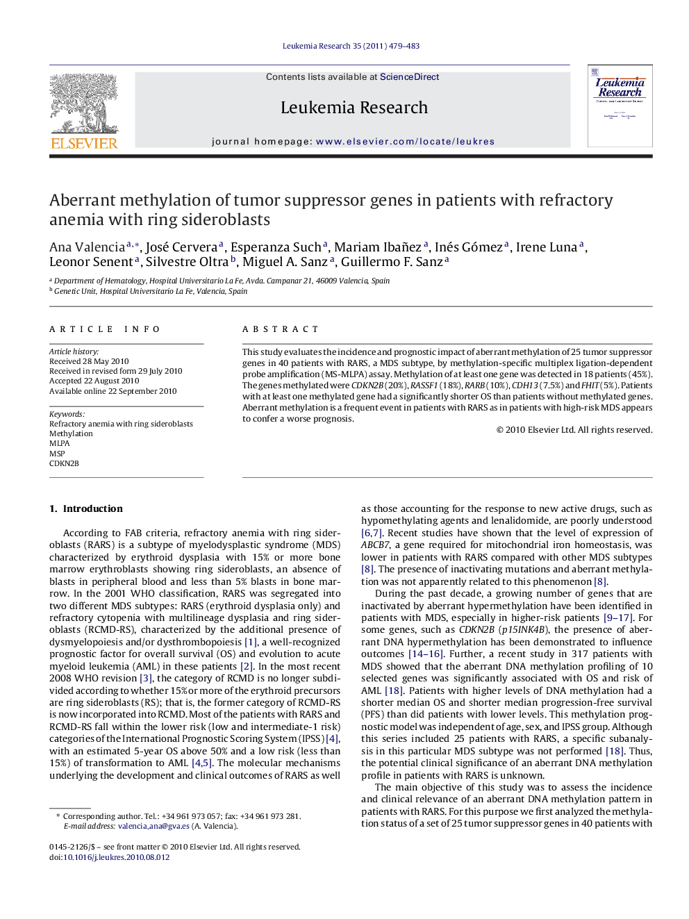 Aberrant methylation of tumor suppressor genes in patients with refractory anemia with ring sideroblasts