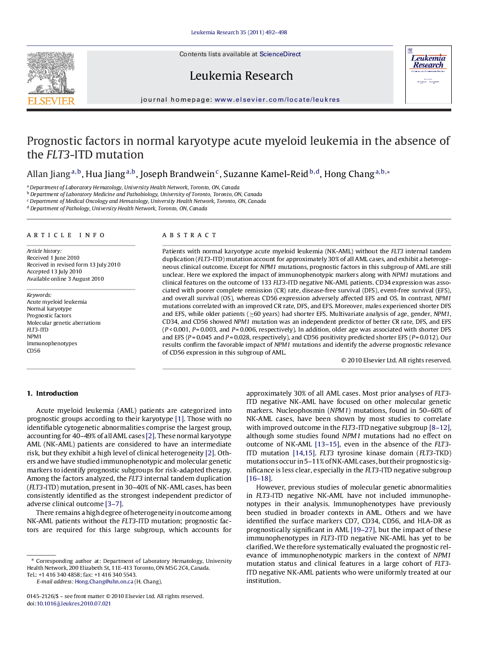 Prognostic factors in normal karyotype acute myeloid leukemia in the absence of the FLT3-ITD mutation