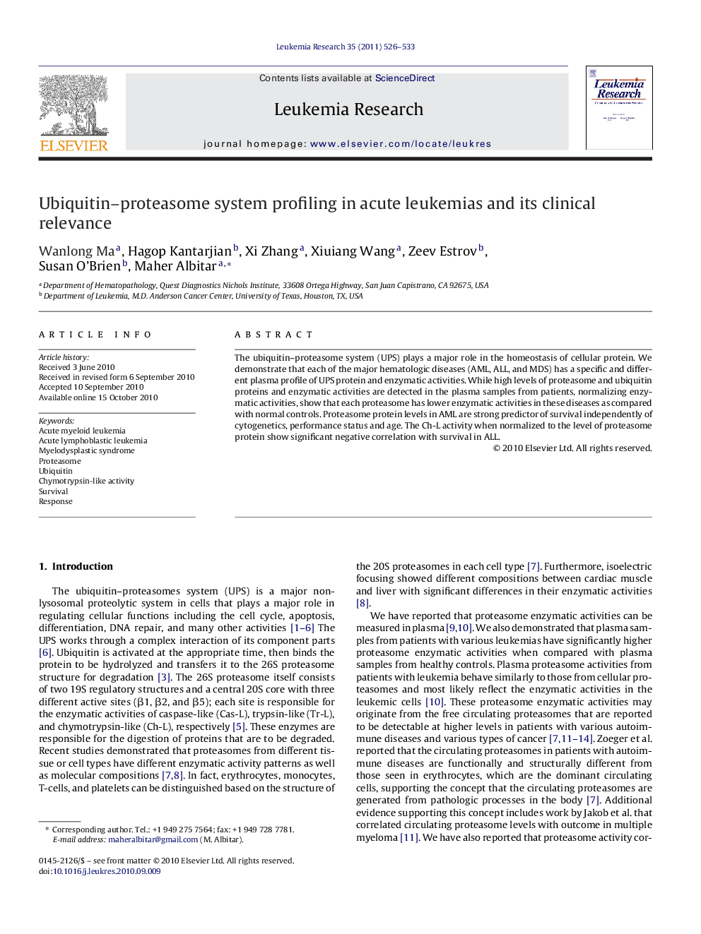 Ubiquitin–proteasome system profiling in acute leukemias and its clinical relevance