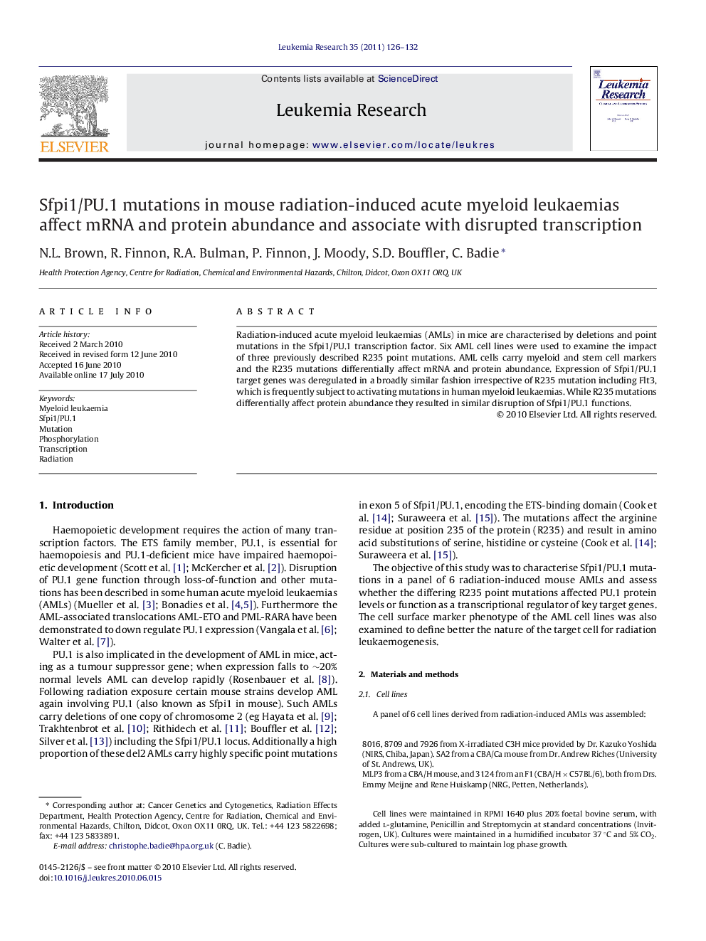 Sfpi1/PU.1 mutations in mouse radiation-induced acute myeloid leukaemias affect mRNA and protein abundance and associate with disrupted transcription