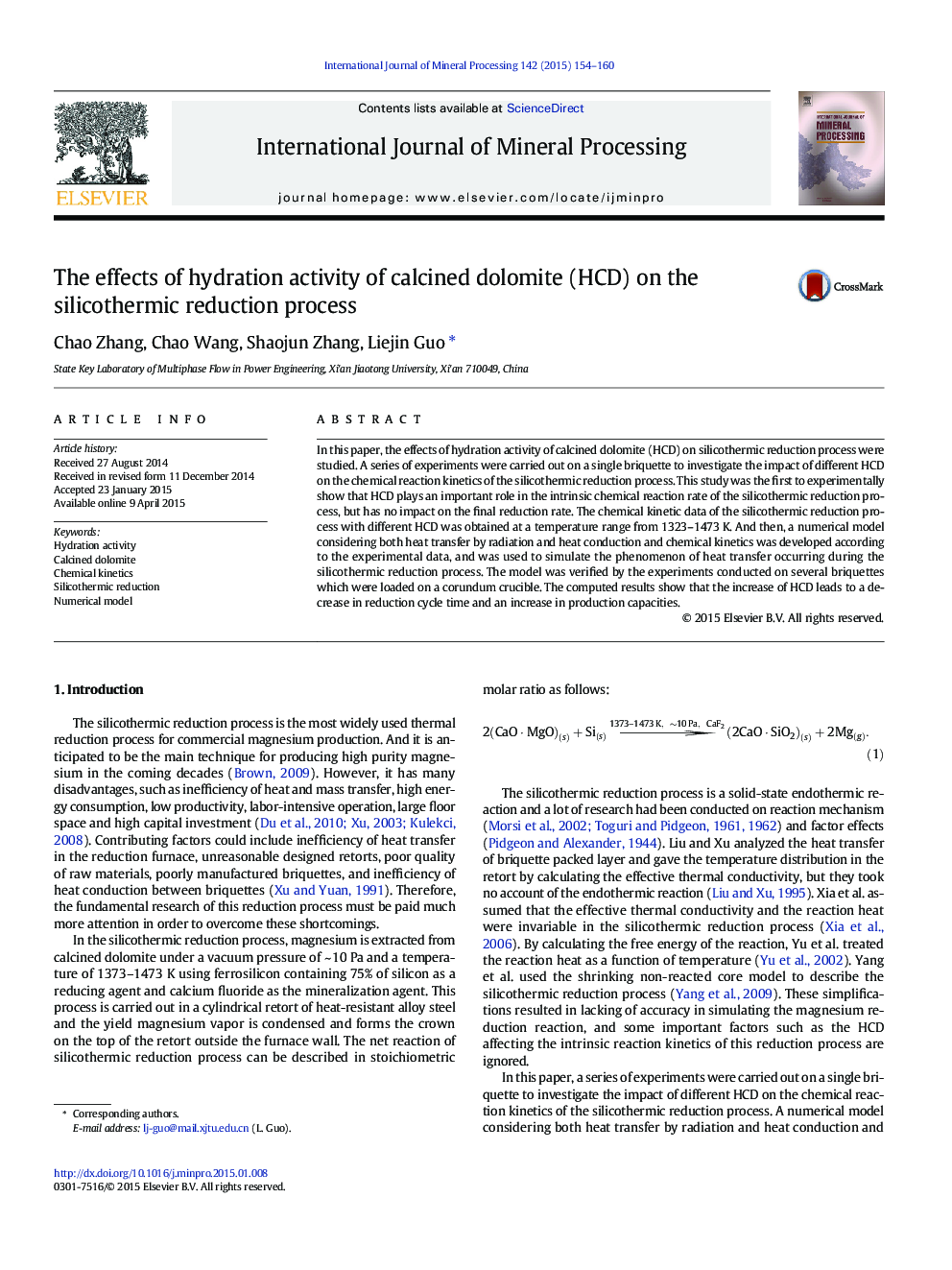 عکس صفحه اول مقاله: The effects of hydration activity of calcined dolomite (HCD) on the silicothermic reduction process The effects of hydration activity of calcined dolomite (HCD) on the silicothermic reduction process