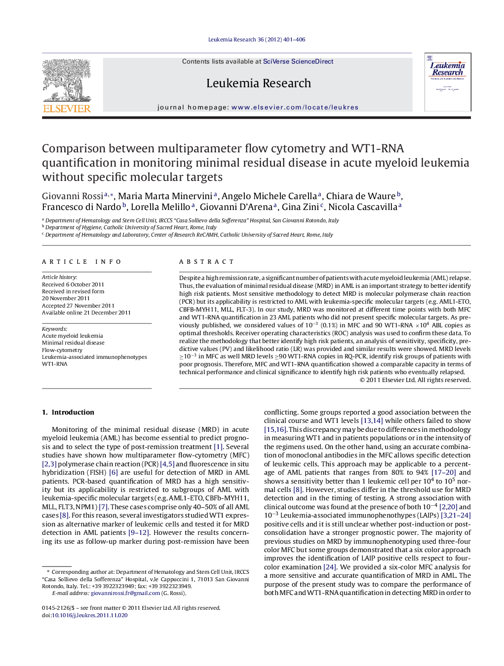 Comparison between multiparameter flow cytometry and WT1-RNA quantification in monitoring minimal residual disease in acute myeloid leukemia without specific molecular targets