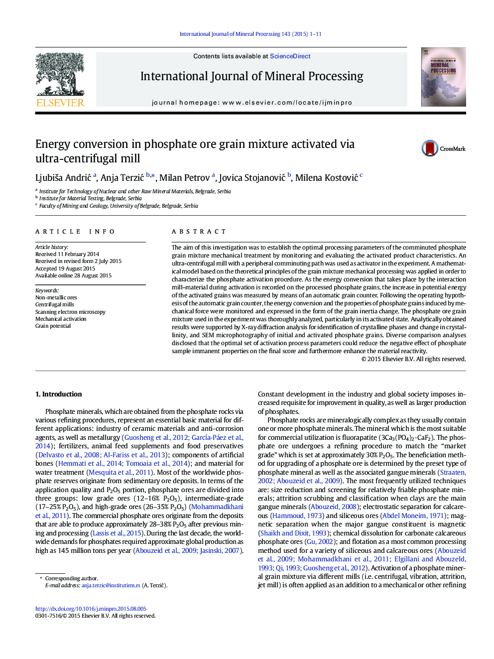 Energy conversion in phosphate ore grain mixture activated via ultra-centrifugal mill