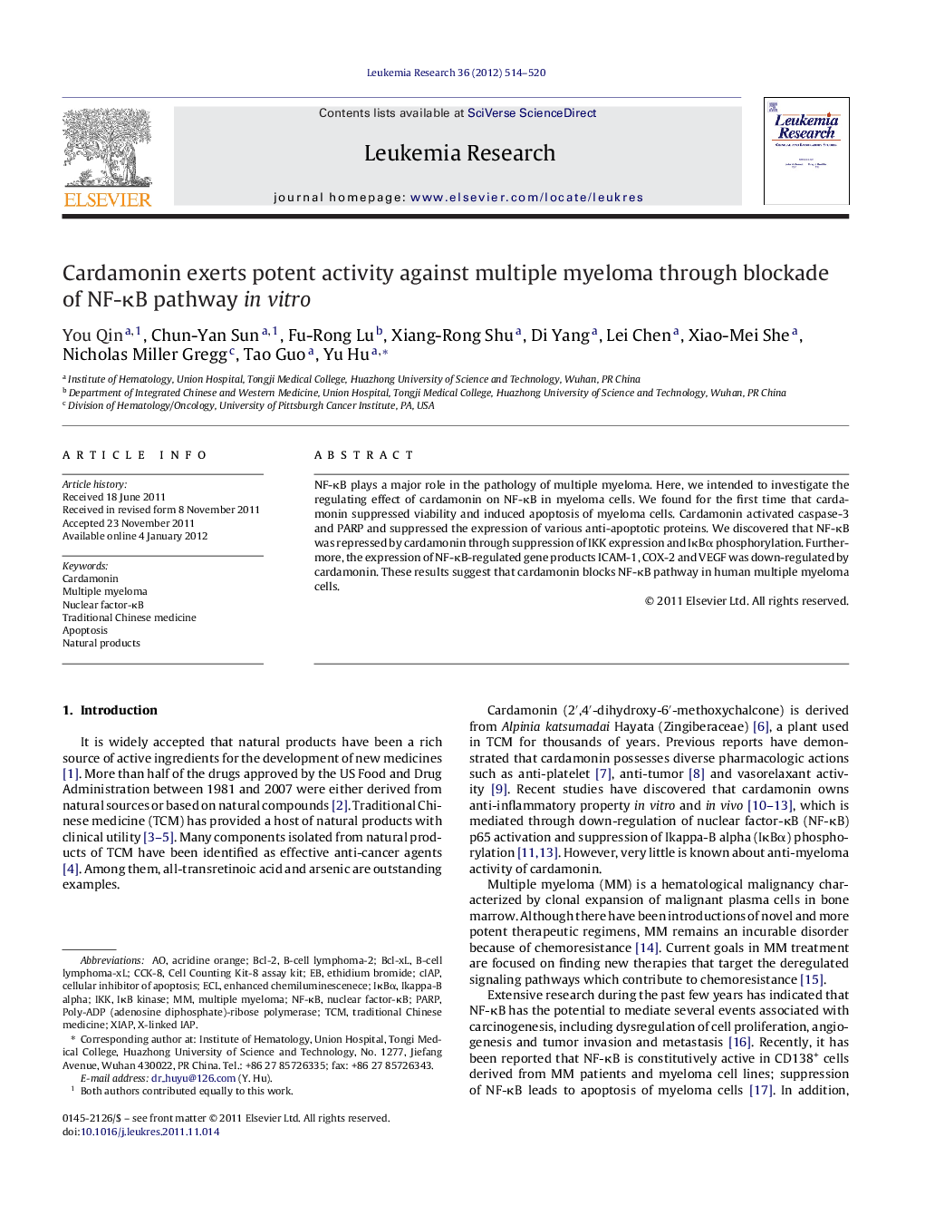 Cardamonin exerts potent activity against multiple myeloma through blockade of NF-κB pathway in vitro