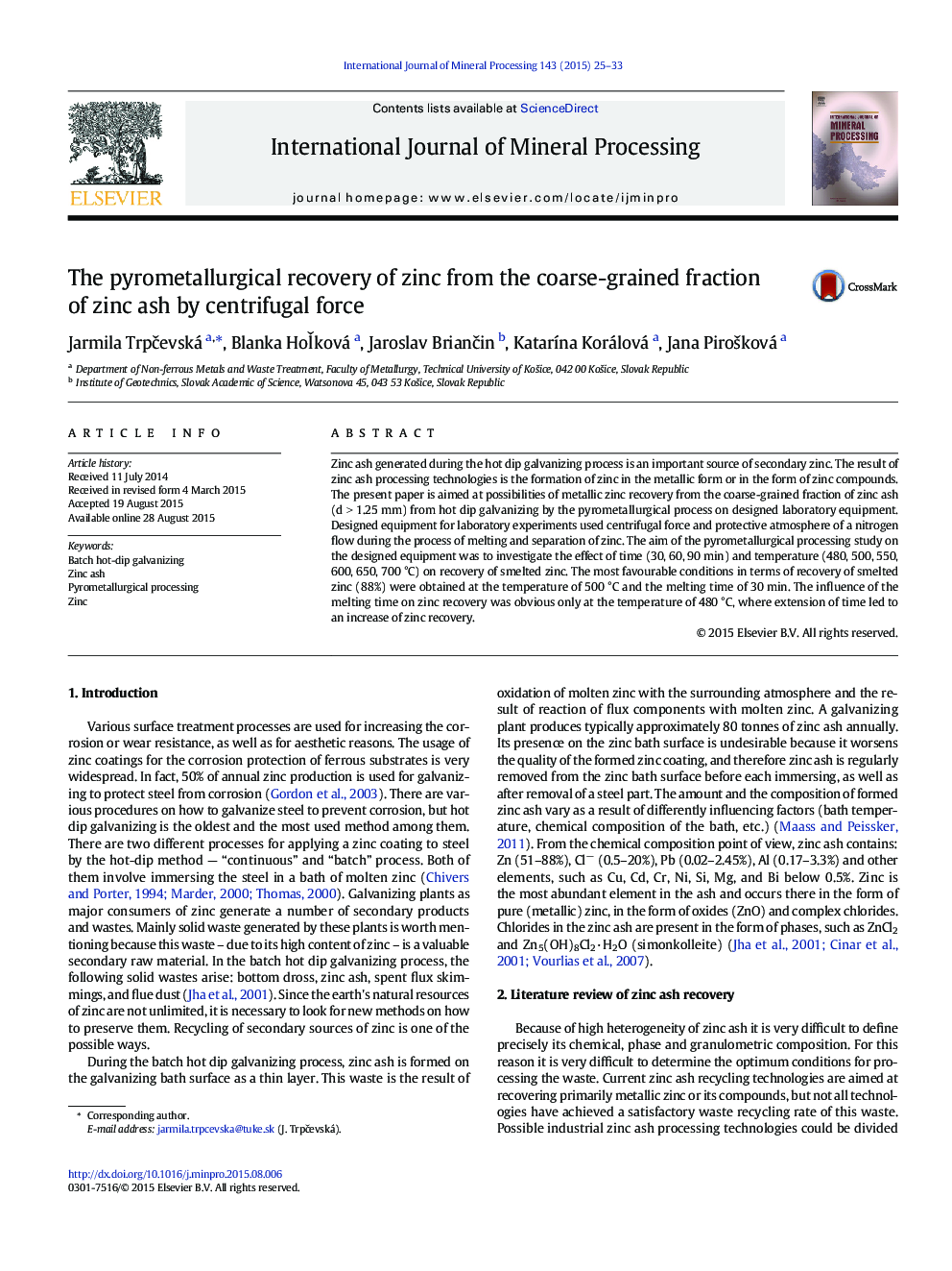 The pyrometallurgical recovery of zinc from the coarse-grained fraction of zinc ash by centrifugal force