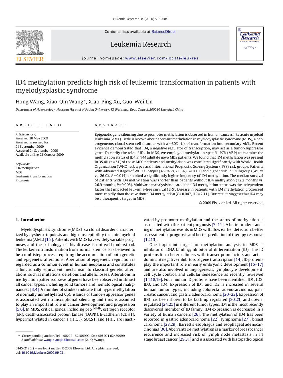 ID4 methylation predicts high risk of leukemic transformation in patients with myelodysplastic syndrome