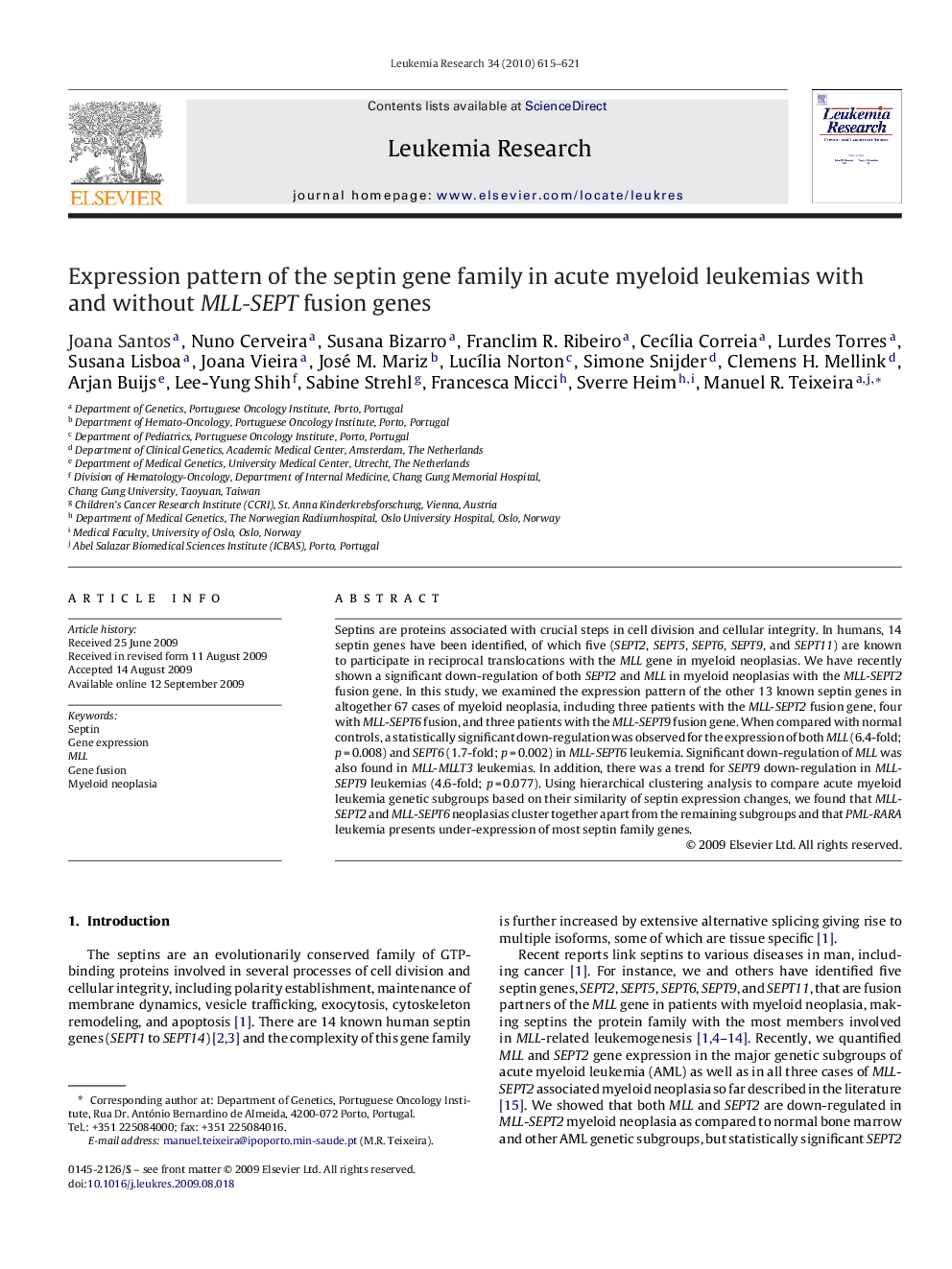 Expression pattern of the septin gene family in acute myeloid leukemias with and without MLL-SEPT fusion genes