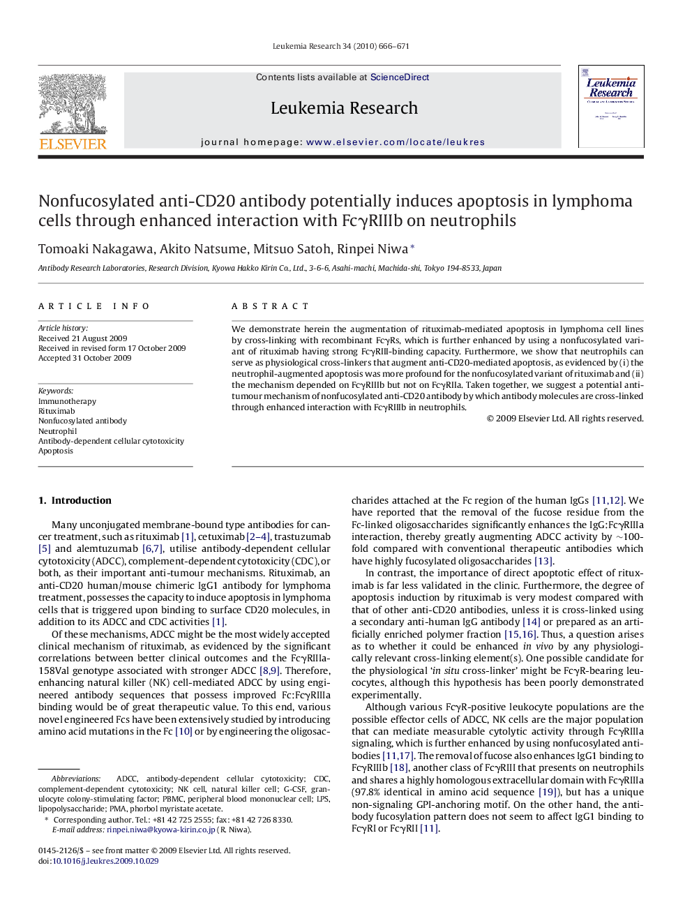 Nonfucosylated anti-CD20 antibody potentially induces apoptosis in lymphoma cells through enhanced interaction with FcγRIIIb on neutrophils