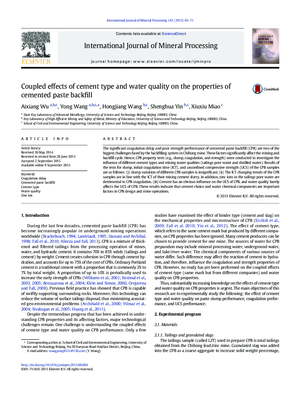 Coupled effects of cement type and water quality on the properties of cemented paste backfill