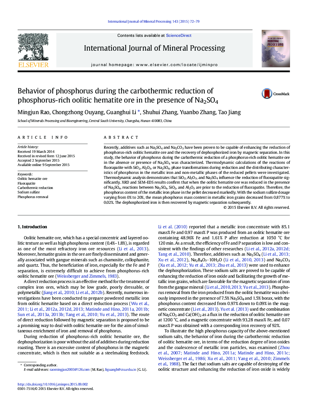 Behavior of phosphorus during the carbothermic reduction of phosphorus-rich oolitic hematite ore in the presence of Na2SO4