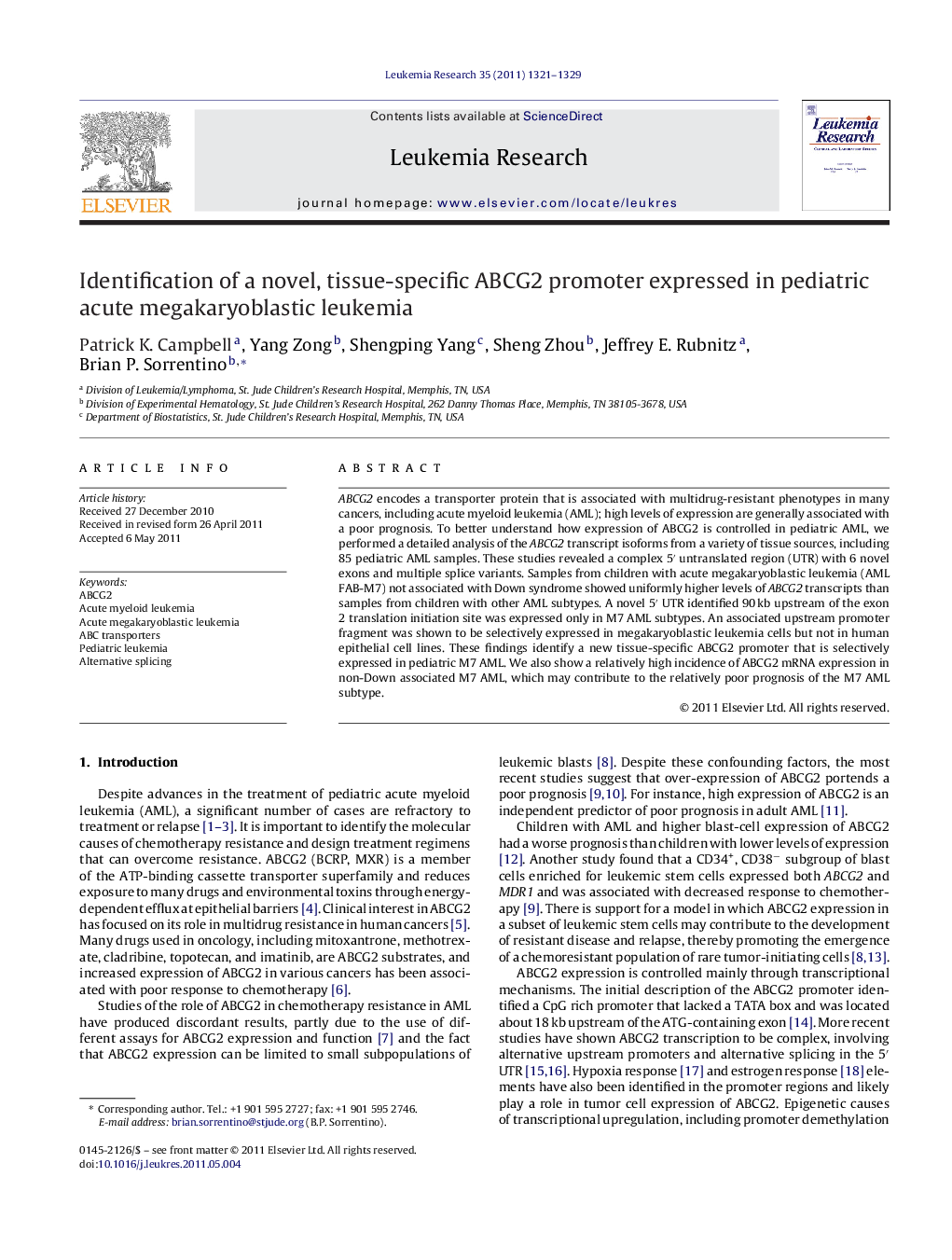 Identification of a novel, tissue-specific ABCG2 promoter expressed in pediatric acute megakaryoblastic leukemia