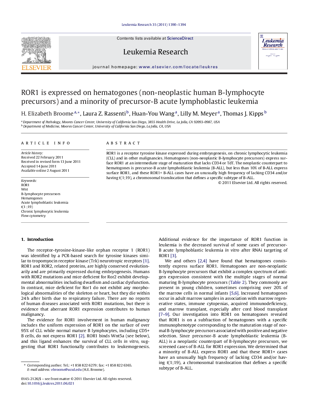 ROR1 is expressed on hematogones (non-neoplastic human B-lymphocyte precursors) and a minority of precursor-B acute lymphoblastic leukemia