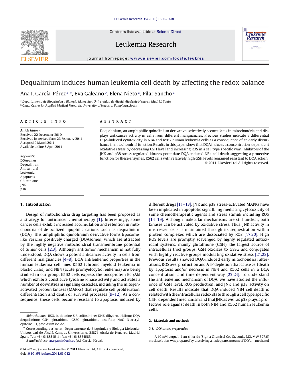 Dequalinium induces human leukemia cell death by affecting the redox balance