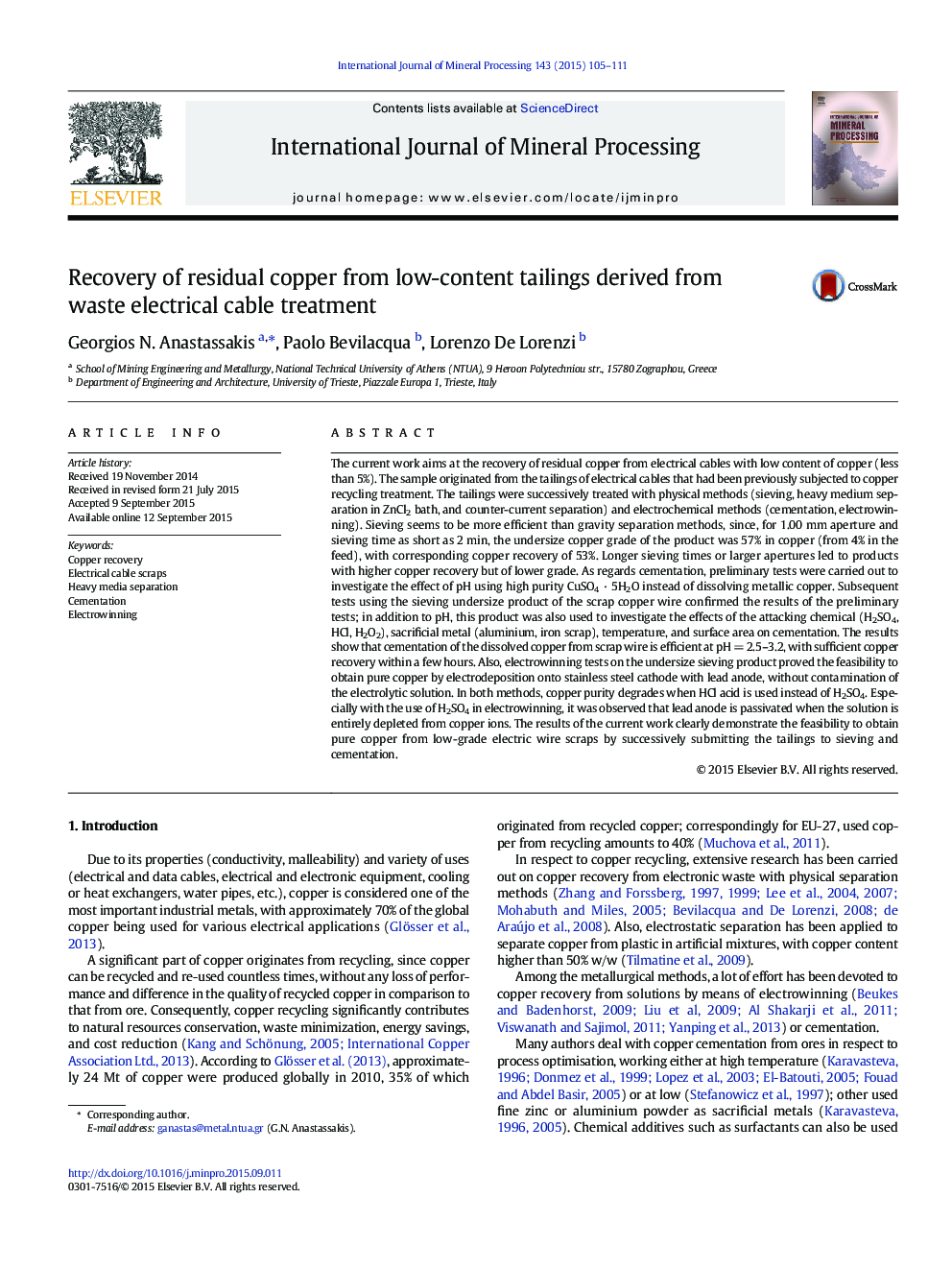 Recovery of residual copper from low-content tailings derived from waste electrical cable treatment