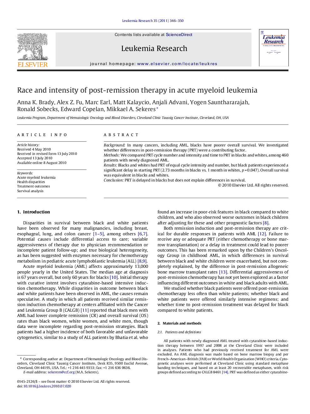 Race and intensity of post-remission therapy in acute myeloid leukemia