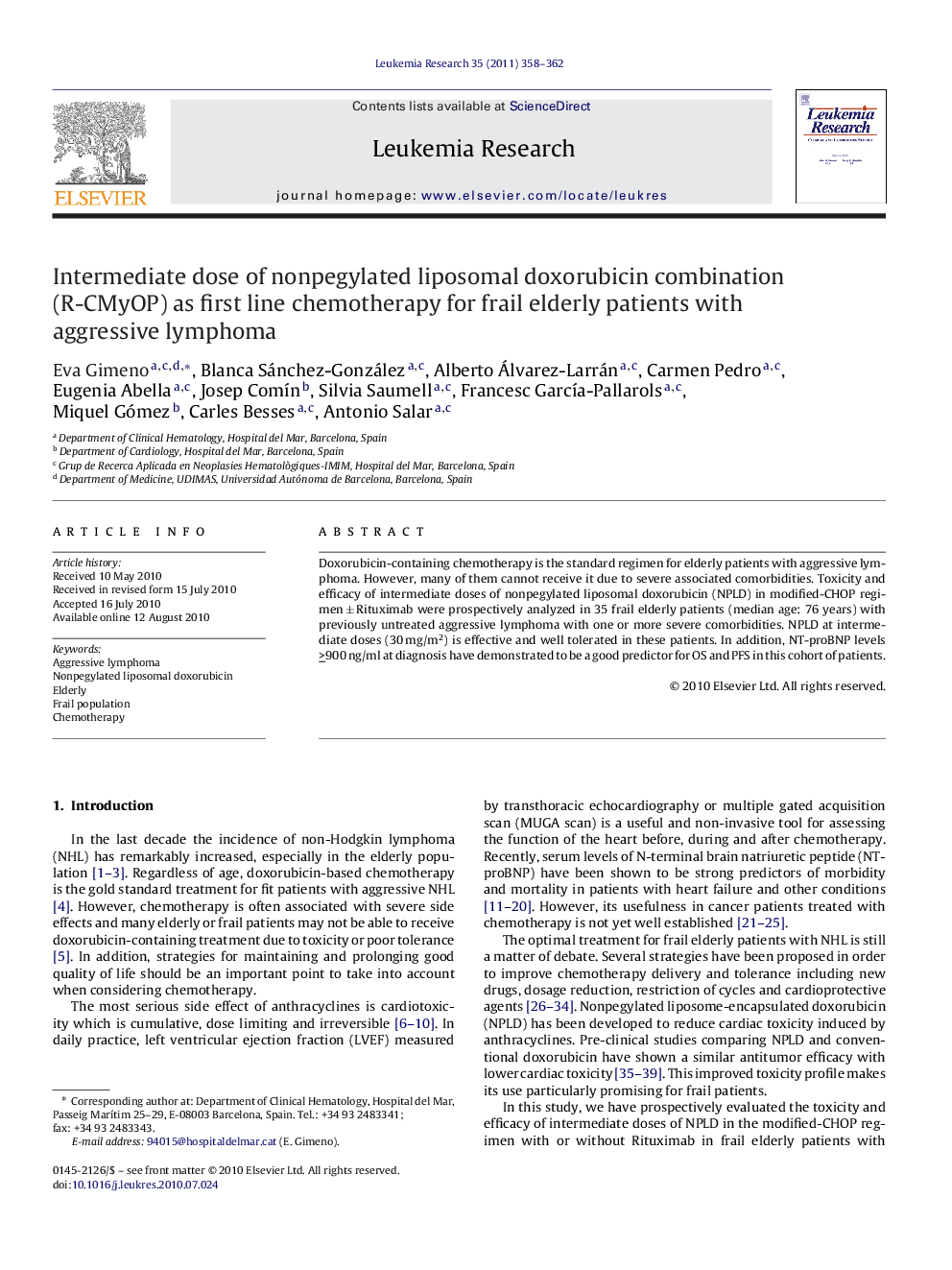 Intermediate dose of nonpegylated liposomal doxorubicin combination (R-CMyOP) as first line chemotherapy for frail elderly patients with aggressive lymphoma