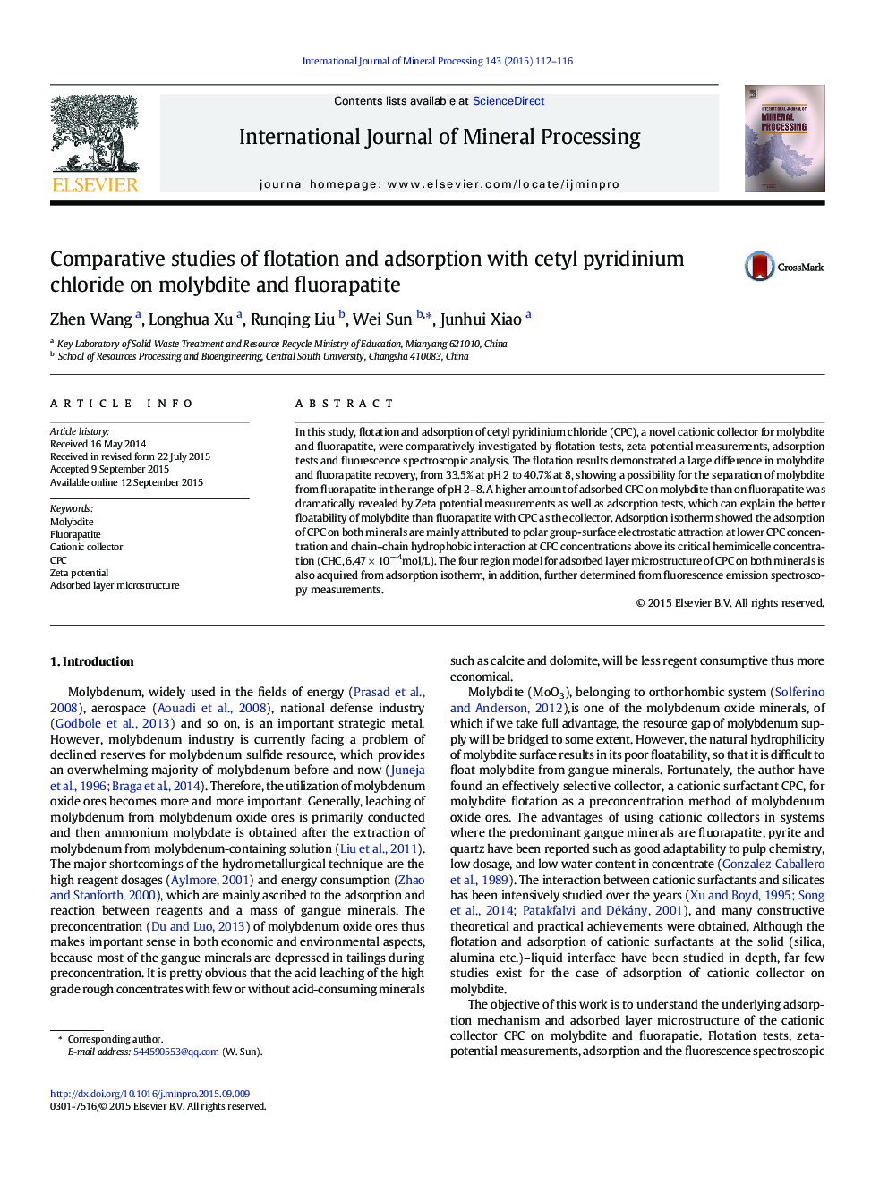 Comparative studies of flotation and adsorption with cetyl pyridinium chloride on molybdite and fluorapatite