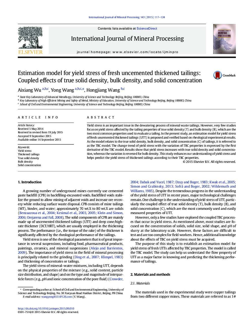 Estimation model for yield stress of fresh uncemented thickened tailings: Coupled effects of true solid density, bulk density, and solid concentration