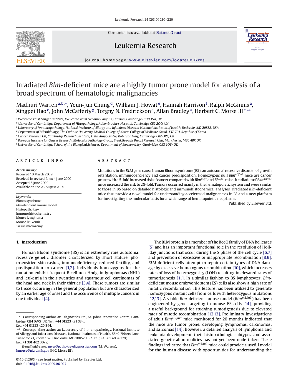 Irradiated Blm-deficient mice are a highly tumor prone model for analysis of a broad spectrum of hematologic malignancies