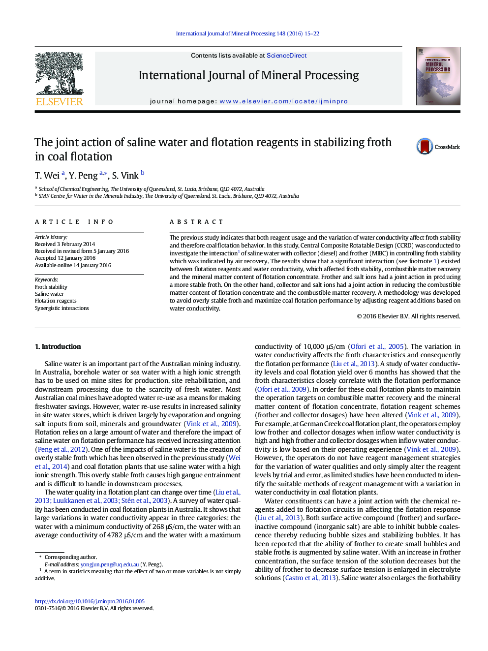 عمل مشترک آب شور و واکنش های فلوتاسیون در پایداری فوم در شناور زغال سنگ 