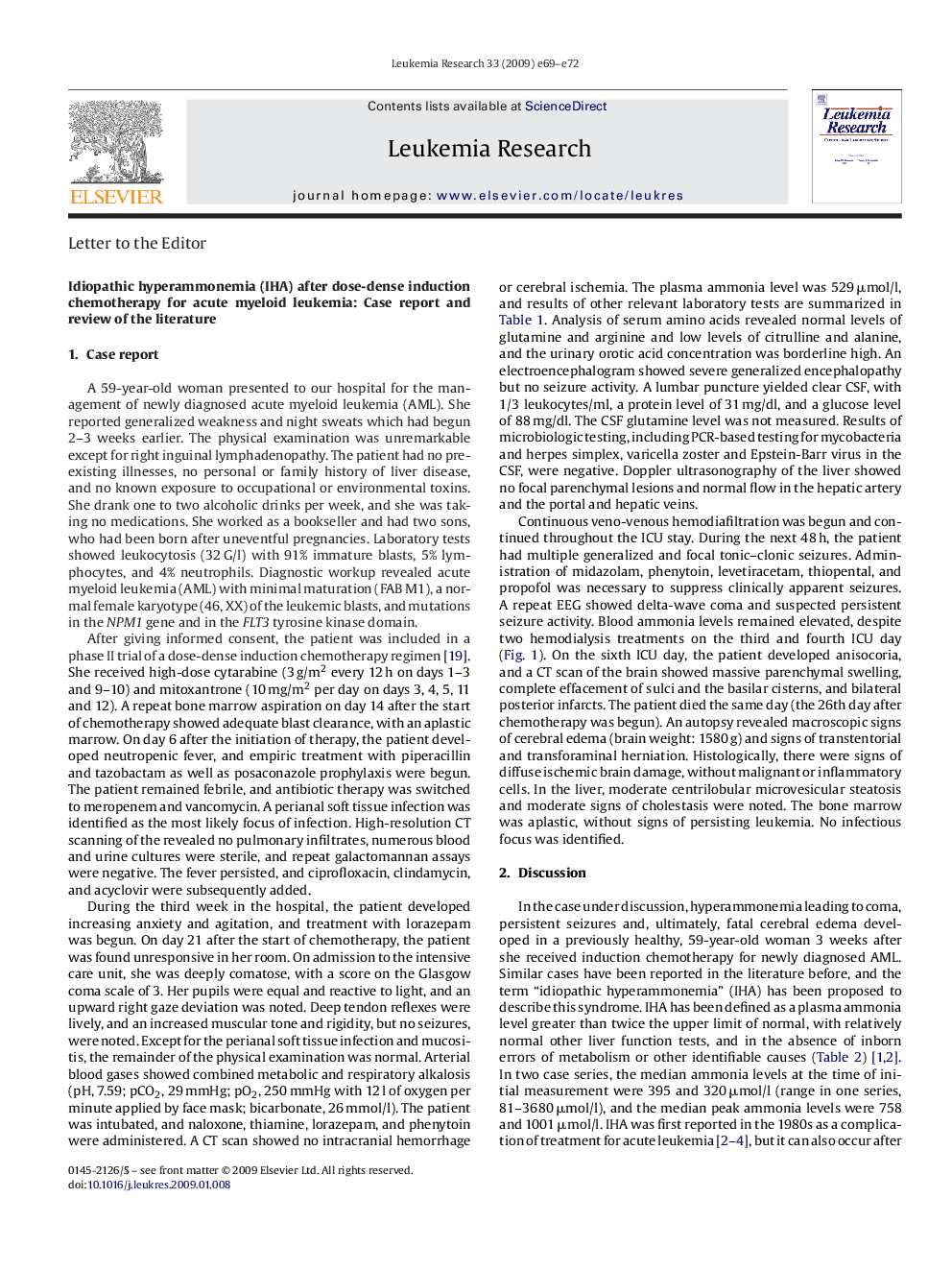 Idiopathic hyperammonemia (IHA) after dose-dense induction chemotherapy for acute myeloid leukemia: Case report and review of the literature