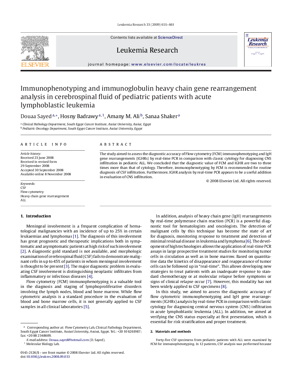 Immunophenotyping and immunoglobulin heavy chain gene rearrangement analysis in cerebrospinal fluid of pediatric patients with acute lymphoblastic leukemia