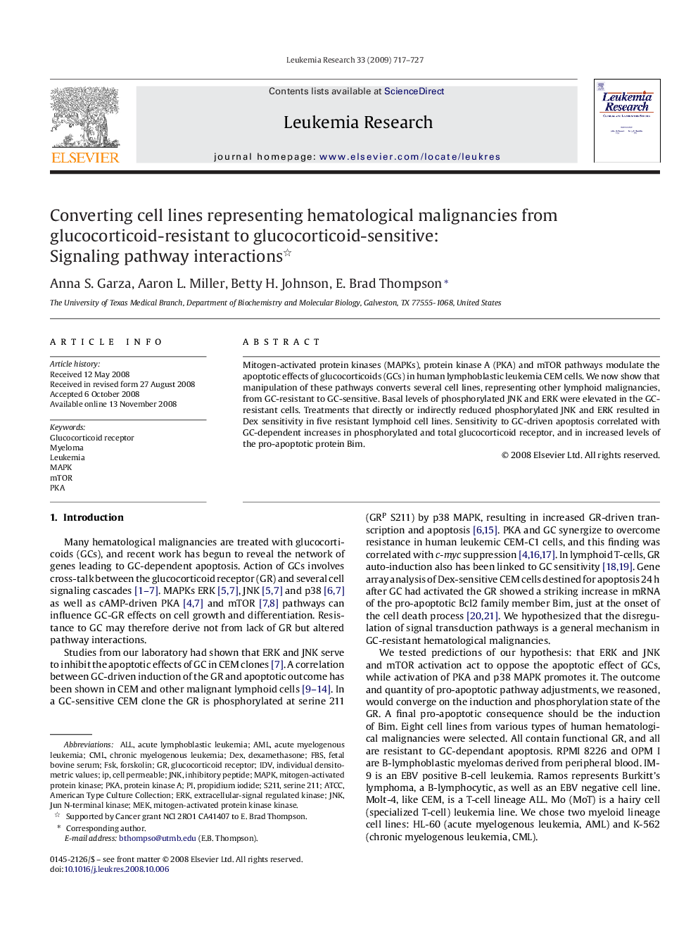 Converting cell lines representing hematological malignancies from glucocorticoid-resistant to glucocorticoid-sensitive: Signaling pathway interactions 