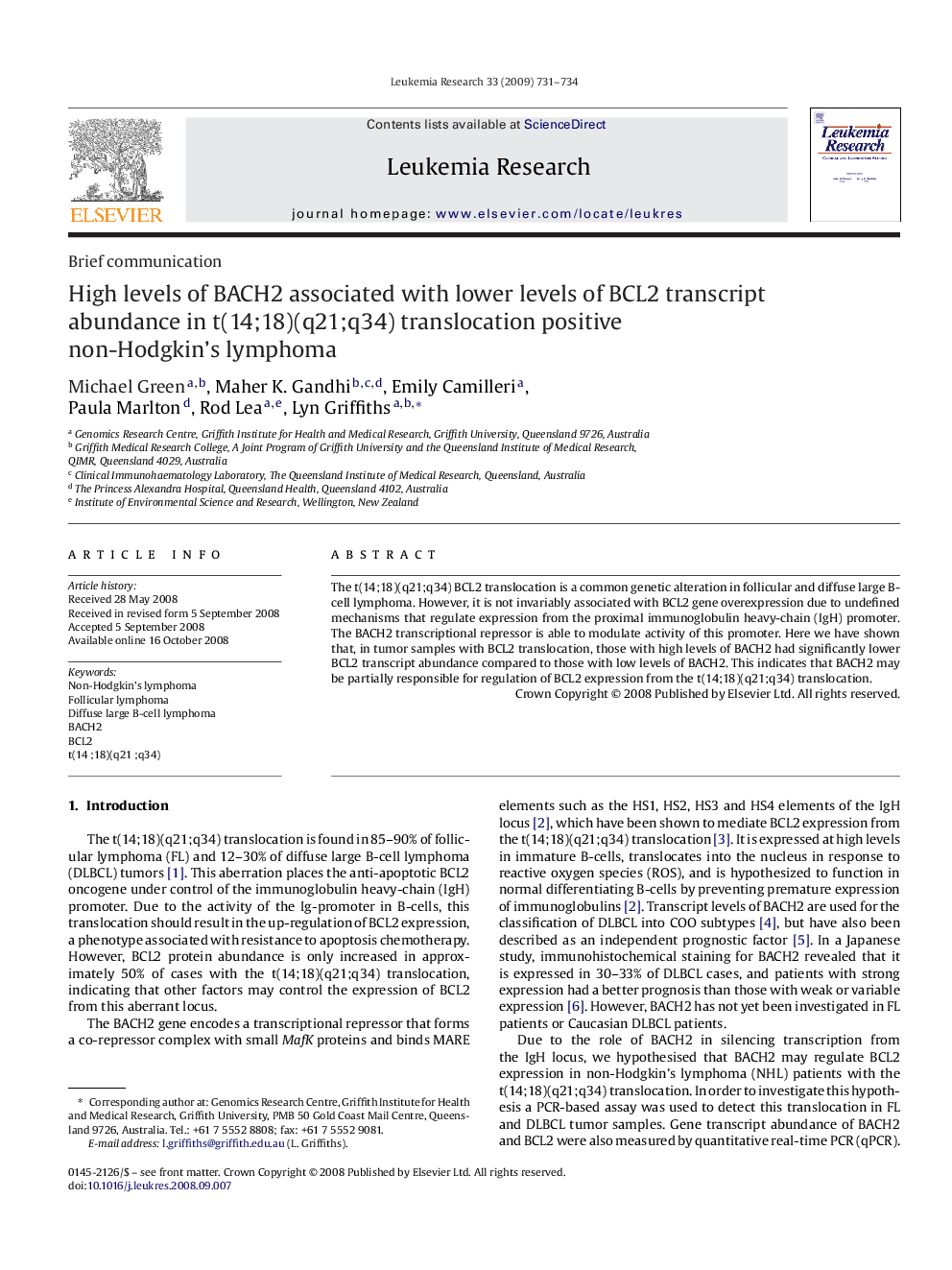 High levels of BACH2 associated with lower levels of BCL2 transcript abundance in t(14;18)(q21;q34) translocation positive non-Hodgkin's lymphoma