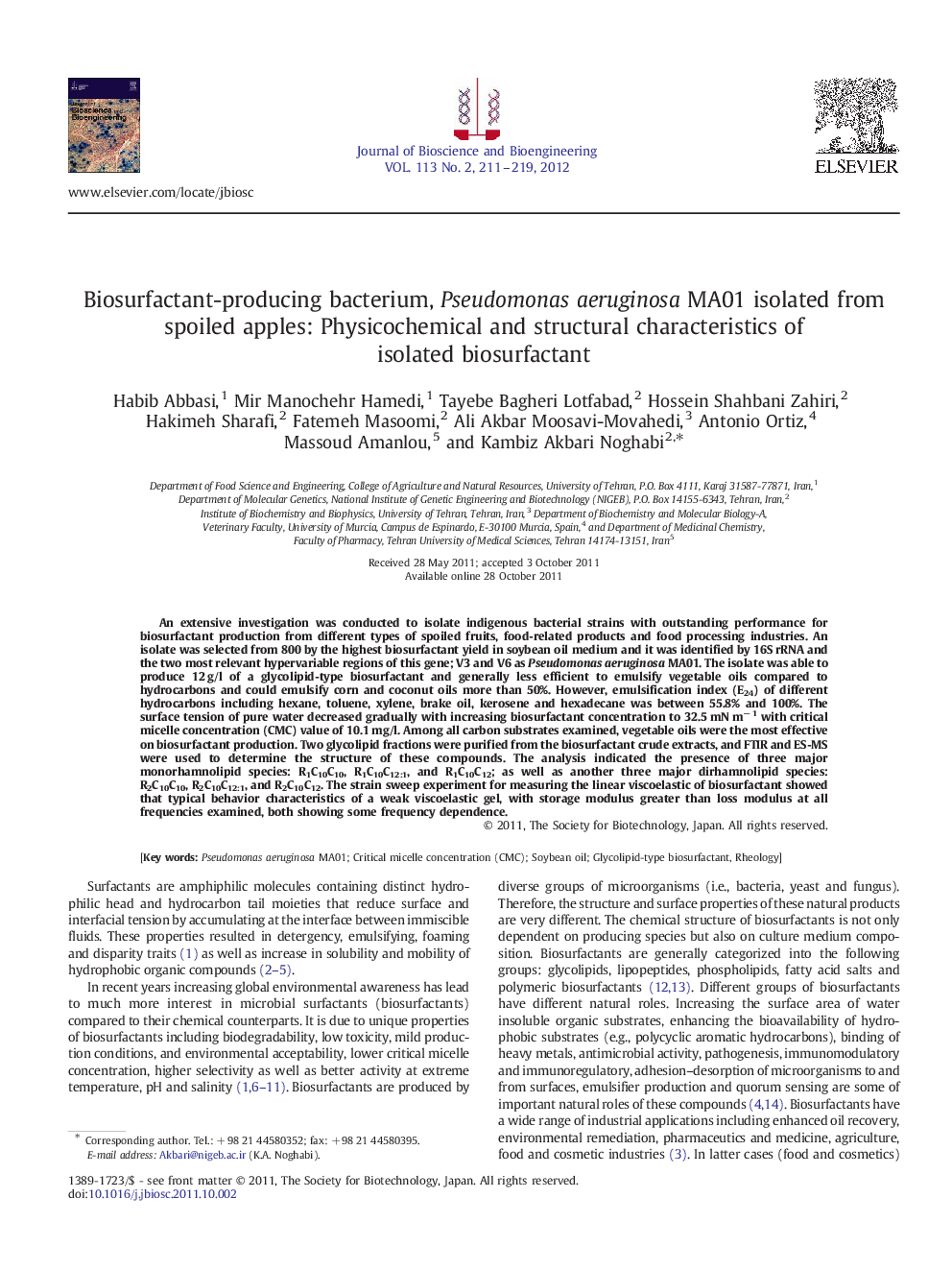 Biosurfactant-producing bacterium, Pseudomonas aeruginosa MA01 isolated from spoiled apples: Physicochemical and structural characteristics of isolated biosurfactant