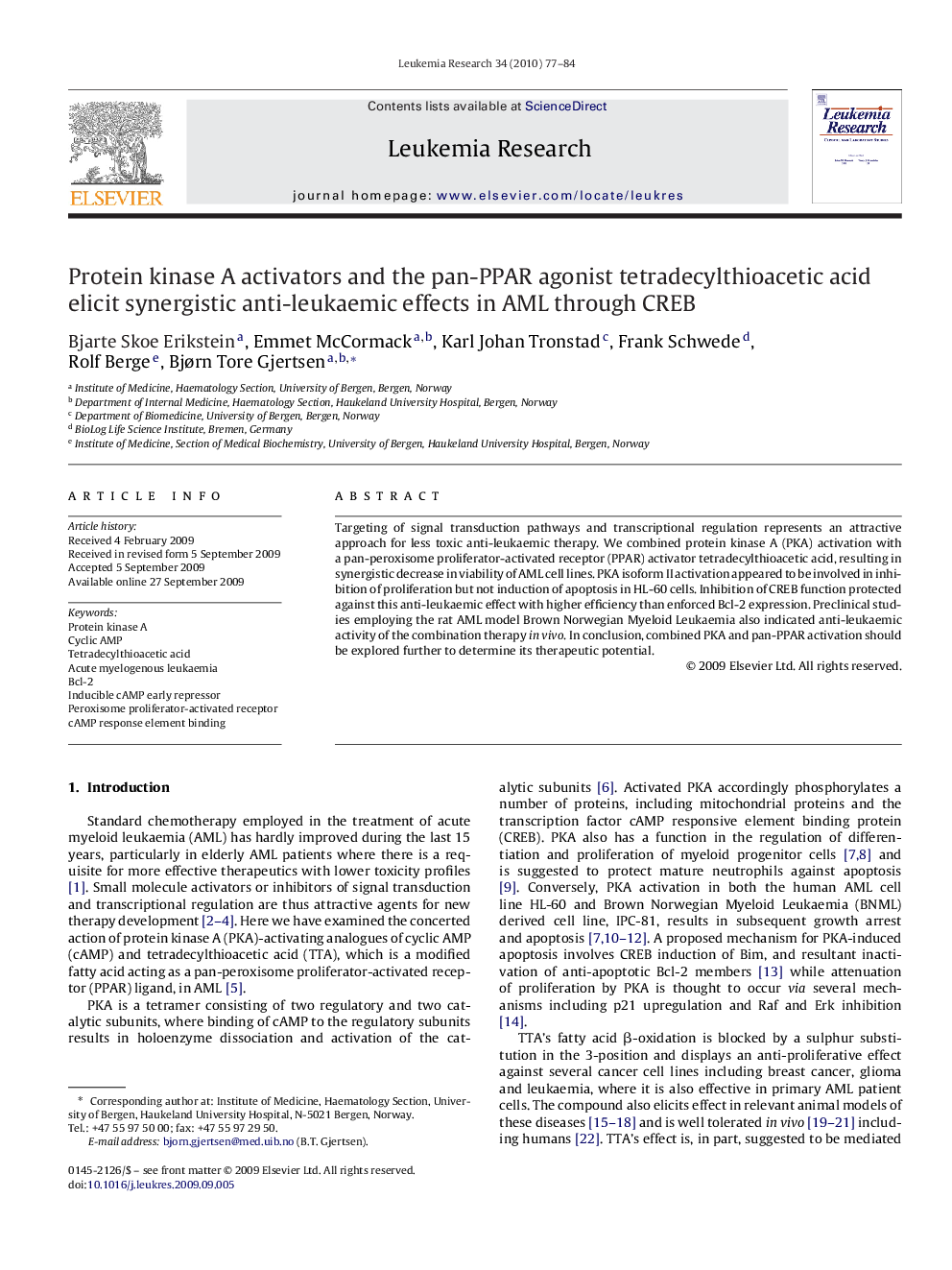 Protein kinase A activators and the pan-PPAR agonist tetradecylthioacetic acid elicit synergistic anti-leukaemic effects in AML through CREB