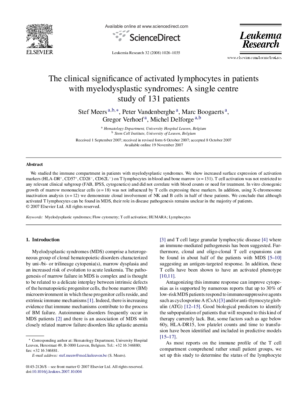 The clinical significance of activated lymphocytes in patients with myelodysplastic syndromes: A single centre study of 131 patients