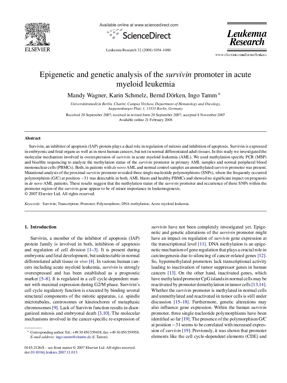 Epigenetic and genetic analysis of the survivin promoter in acute myeloid leukemia