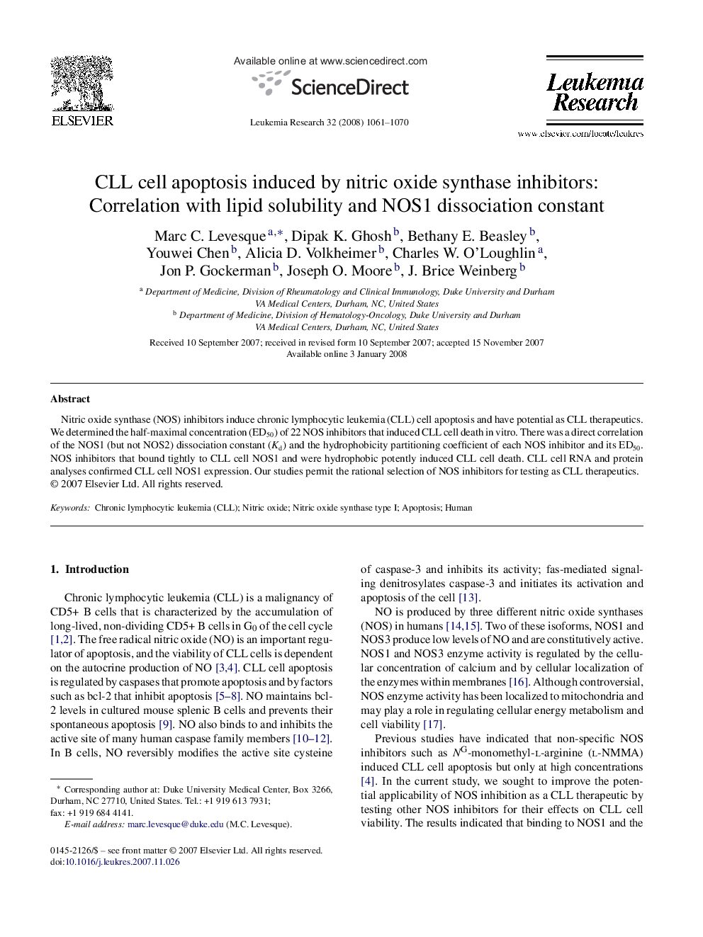 CLL cell apoptosis induced by nitric oxide synthase inhibitors: Correlation with lipid solubility and NOS1 dissociation constant