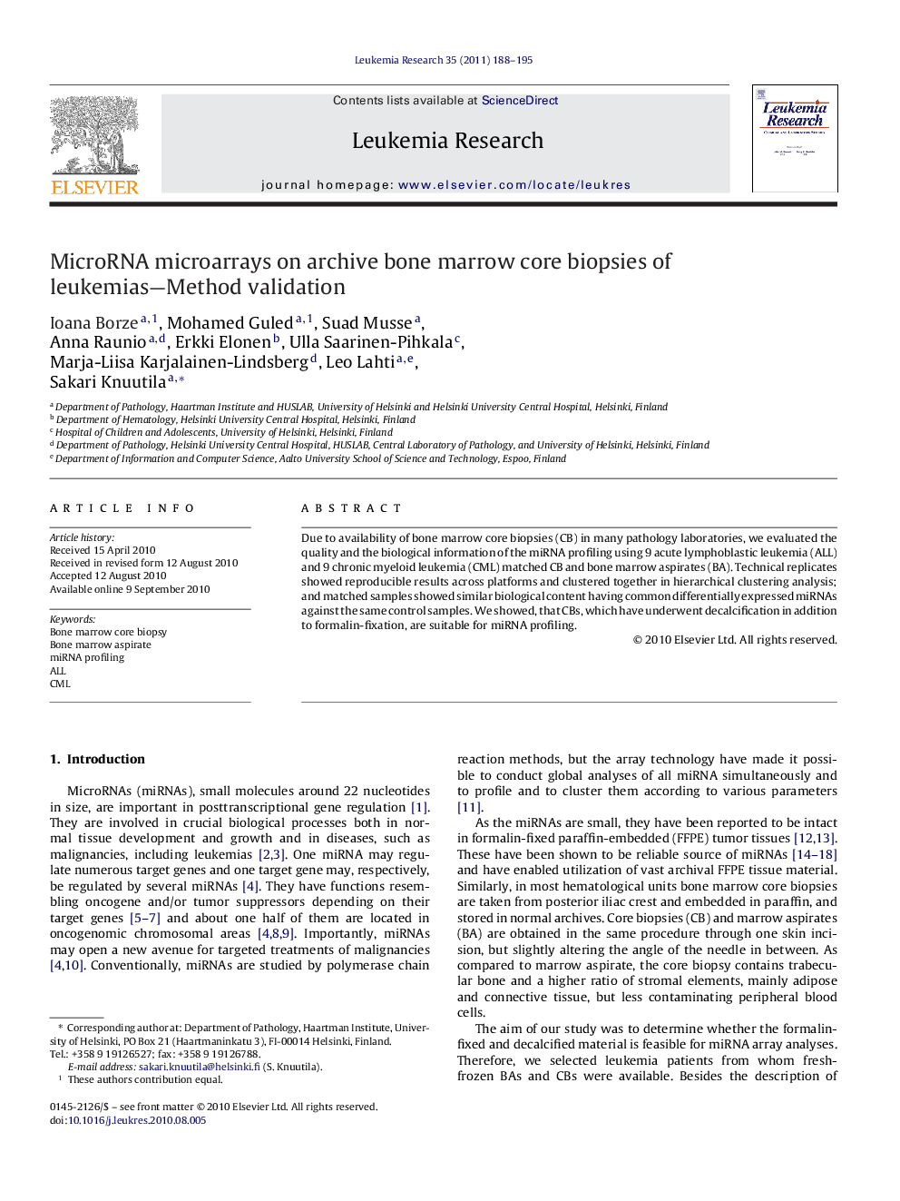 MicroRNA microarrays on archive bone marrow core biopsies of leukemias—Method validation