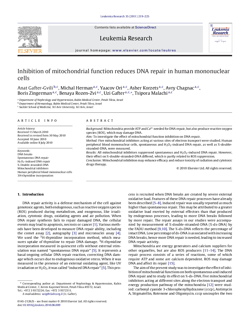 Inhibition of mitochondrial function reduces DNA repair in human mononuclear cells