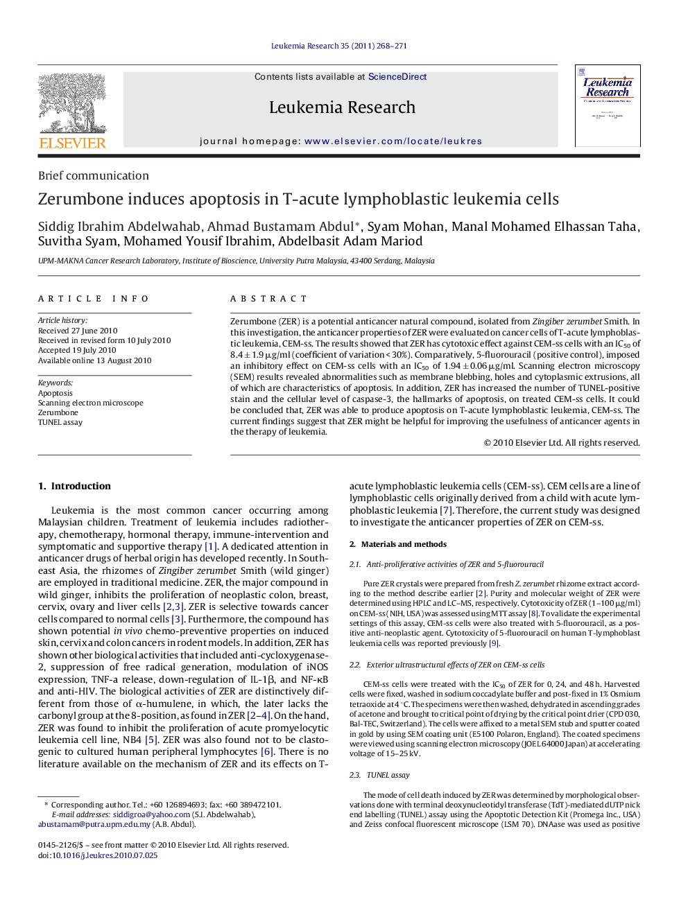 Zerumbone induces apoptosis in T-acute lymphoblastic leukemia cells