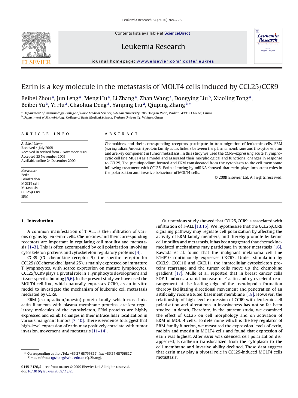 Ezrin is a key molecule in the metastasis of MOLT4 cells induced by CCL25/CCR9