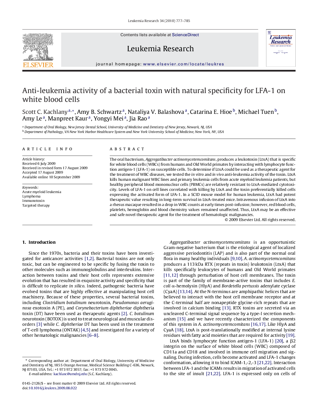 Anti-leukemia activity of a bacterial toxin with natural specificity for LFA-1 on white blood cells