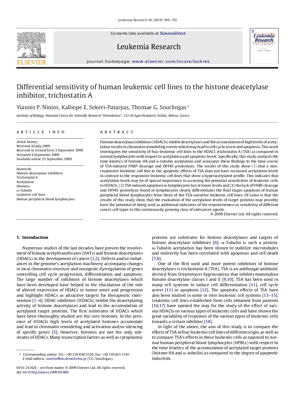 Differential sensitivity of human leukemic cell lines to the histone deacetylase inhibitor, trichostatin A