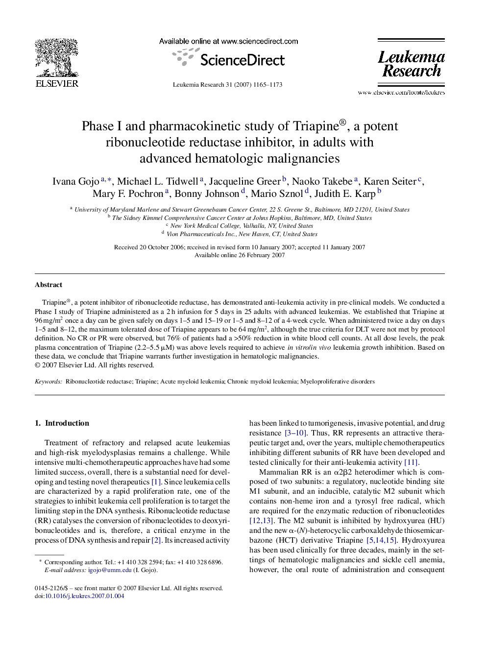 Phase I and pharmacokinetic study of Triapine®, a potent ribonucleotide reductase inhibitor, in adults with advanced hematologic malignancies