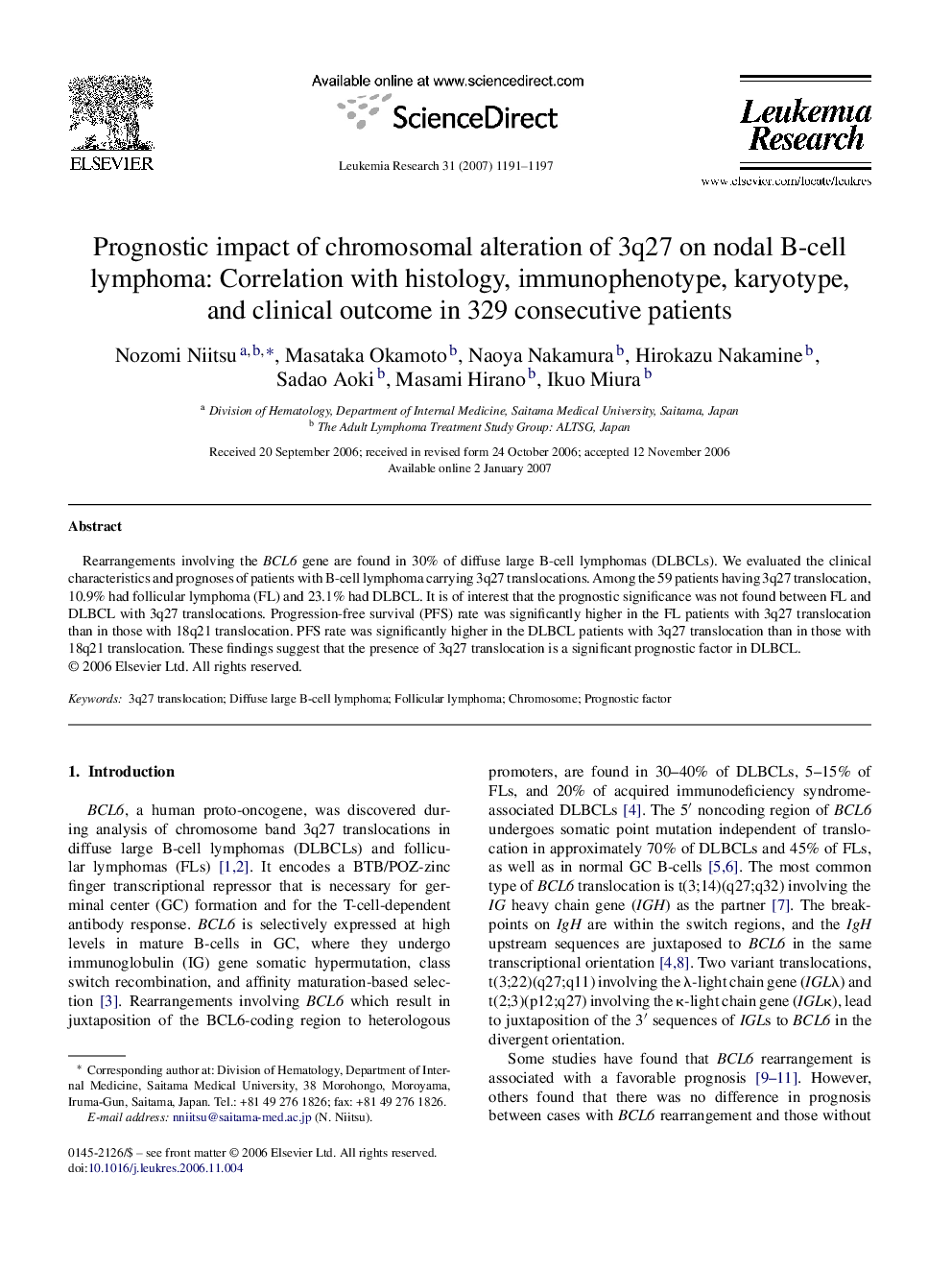 Prognostic impact of chromosomal alteration of 3q27 on nodal B-cell lymphoma: Correlation with histology, immunophenotype, karyotype, and clinical outcome in 329 consecutive patients