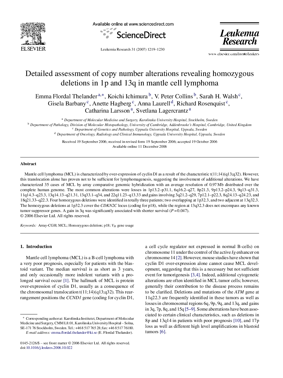 Detailed assessment of copy number alterations revealing homozygous deletions in 1p and 13q in mantle cell lymphoma